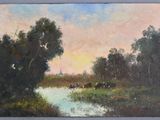 peinture à l'huile représentant une scène fluviale avec des vaches paissant dans l'eau