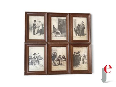 six framed pictures of a man and a woman on a wall