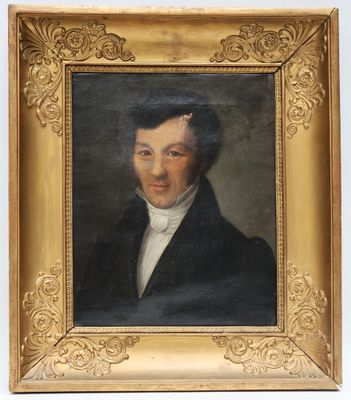 painting of a man in a black coat and white shirt