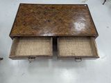 pair of wooden and wicker side tables with drawers