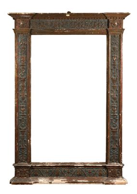 an old wooden frame with carvings and a white background