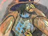 a picture of a drawing of a man with a hat and a sword