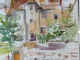 a picture of a painting of a house with people walking by it
