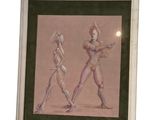 painting of two female dancers in a dance pose with a ballerina in the background