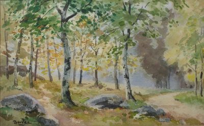 peinture représentant un sentier dans une zone boisée, avec des arbres et des rochers