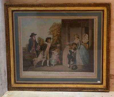 tableau représentant une réunion de famille dans un décor champêtre, avec un chien en laisse