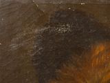 an oil painting of a dog laying down on the ground