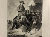 a black and white drawing of a man riding a horse