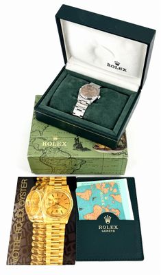 rolex watch in a gift box with a map of the world in the background