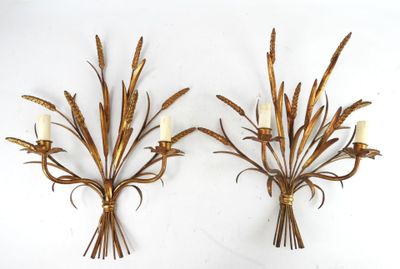 pair of brass wall sconces with wheat stalks and candles