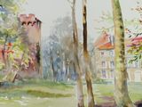 a watercolor painting of a building in a park