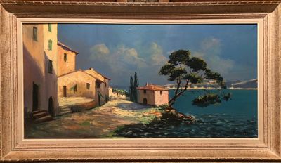 an oil painting of a village by the water with a tree in the foreground