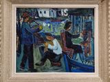 une image d'un tableau représentant un groupe de personnes assises sur un banc