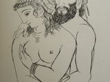 an ink drawing of a man and a woman hugging each other