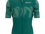a close up of a green jersey with a white logo on it