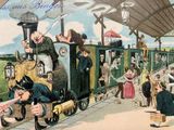 an old postcard of a train with people on it