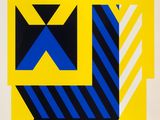 une image représentant une peinture abstraite jaune et bleue sur fond blanc
