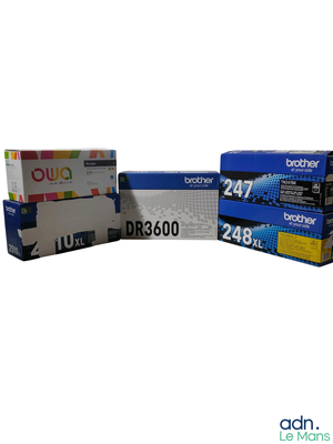 three toner cartridges are stacked on top of each other on a white background
