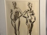 dessin représentant deux femmes en maillot de bain, encadré et accroché au mur