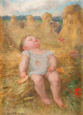 une image représentant un tableau où l'on voit un bébé assis sur un tas de foin