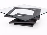 une image d'une table avec un plateau en verre sur un fond blanc