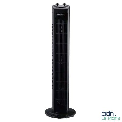 un ventilateur colonne noir posé sur une table blanche