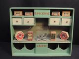 an old wooden cabinet with a lot of items on it