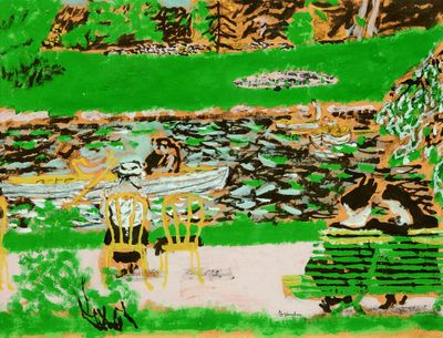 un tableau représentant deux personnes assises sur un banc dans un parc