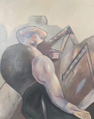 a painting of a woman sitting on a chair with a suitcase