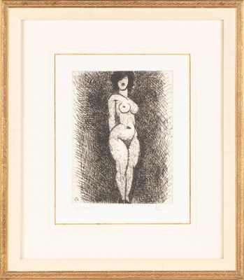 un dessin en noir et blanc représentant une femme nue, dans un cadre doré
