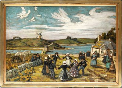 painting of a group of people standing in a field next to a body of water