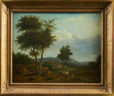painting of a landscape with cattle and trees in a gold frame