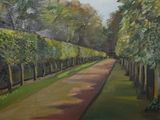 une peinture à l'huile représentant un sentier dans un parc bordé d'arbres