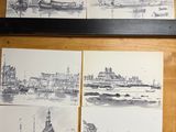quatre dessins en noir et blanc représentant des bateaux, réalisés sur une surface en bois