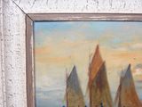 a painting of three sailboats in a row on the water