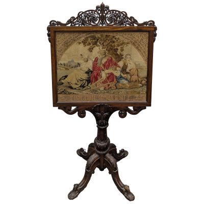 an image of a wooden table with a tapestry on top of it