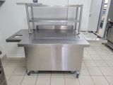 a stainless steel counter in a commercial kitchen