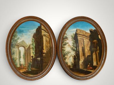 pair of 19th century oil on canvas paintings of ruins and figures