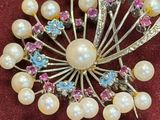 pearl and crystal broochle on a red cloth