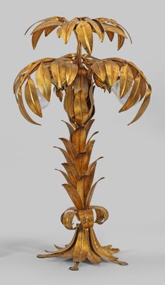 paire de palmiers en laiton avec des feuilles, posés sur un socle