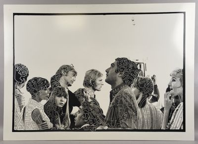 black and white photograph of a group of people standing in a line