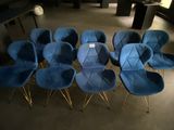 six chaises bleues disposées en cercle dans une pièce