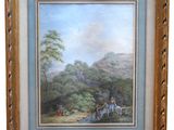 framed painting of a landscape with people and animals in a wooded area