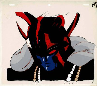 painting of a black cat with red and blue eyes and a pearl necklace