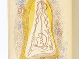 un livre ouvert sur lequel figure le dessin d'une femme en robe jaune