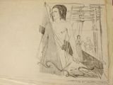 drawing of a woman with a sword and a bird in her hand