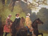 painting of a group of people riding horses in a wooded area