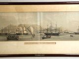 tableau représentant une scène portuaire avec des bateaux et des navires dans l'eau