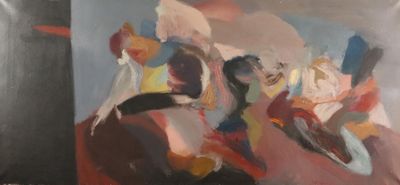 une peinture à l'huile représentant un groupe de personnes assises sur un canapé