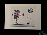 a drawing of a girl in a pink dress kicking a skateboard